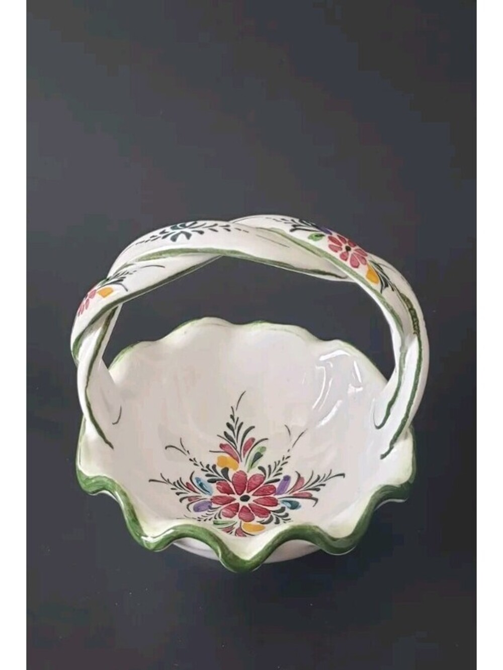 Vintage RCCL Portugal ART Ceramic Hand Painted Basket Floral 80s 1988 Made in